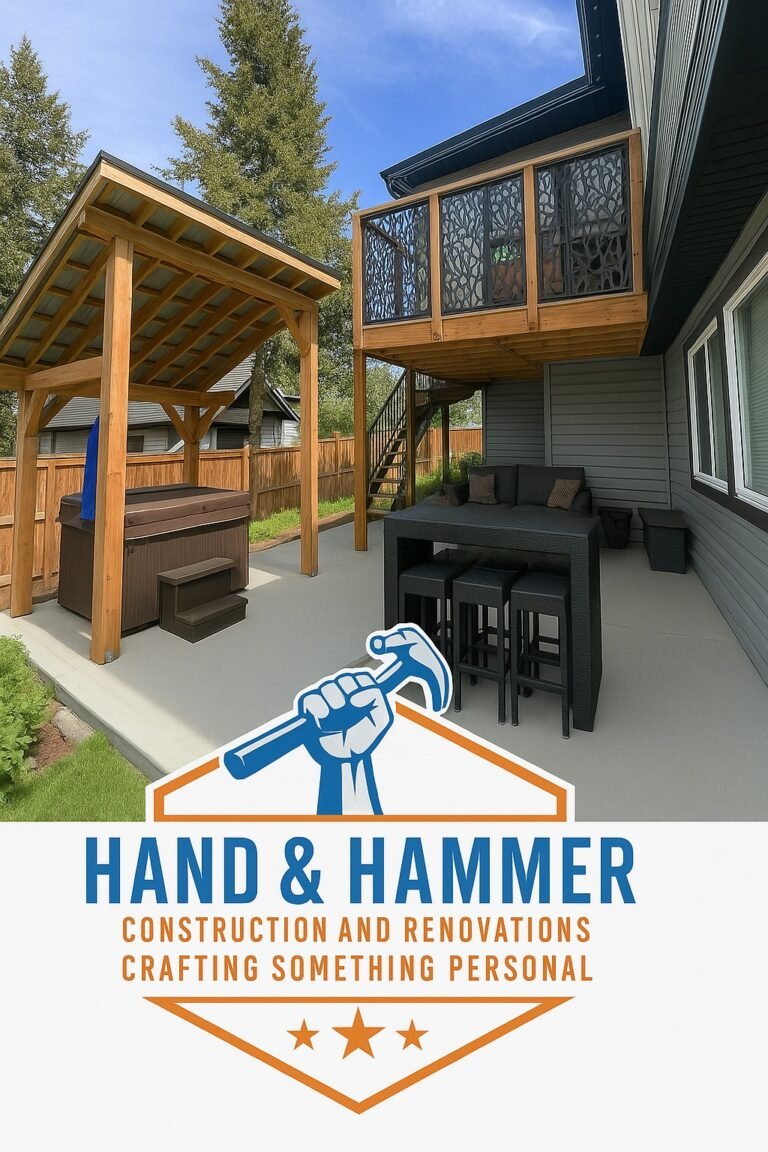 Hand and Hammer custom outdoor living space in Cranbrook, BC, featuring a timber-frame hot tub pavilion, a high-end deck with decorative privacy screens, and a modern patio bar.