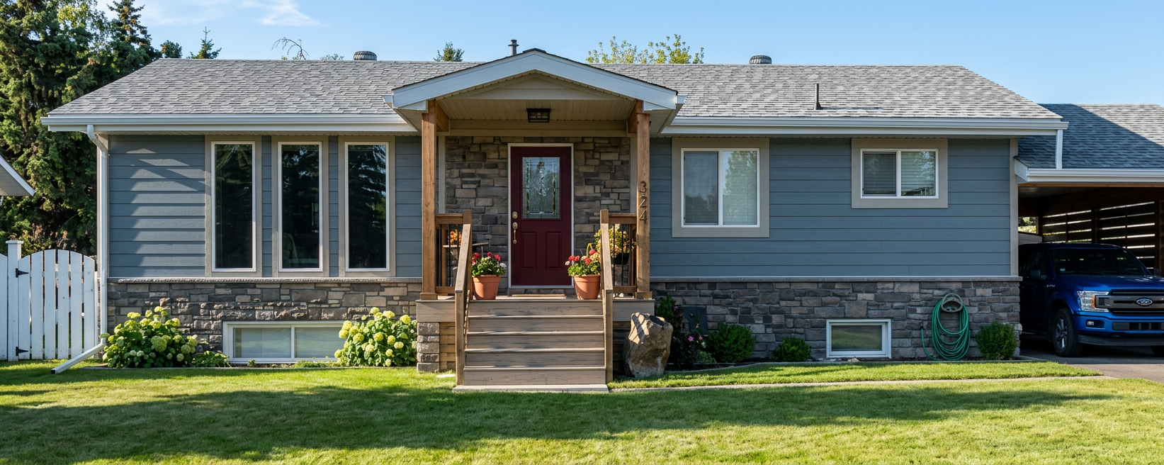 Completed home exterior renovation by Hand and Hammer in Cranbrook, BC, featuring blue siding, a custom timber-framed porch, a red front door, and stone veneer.