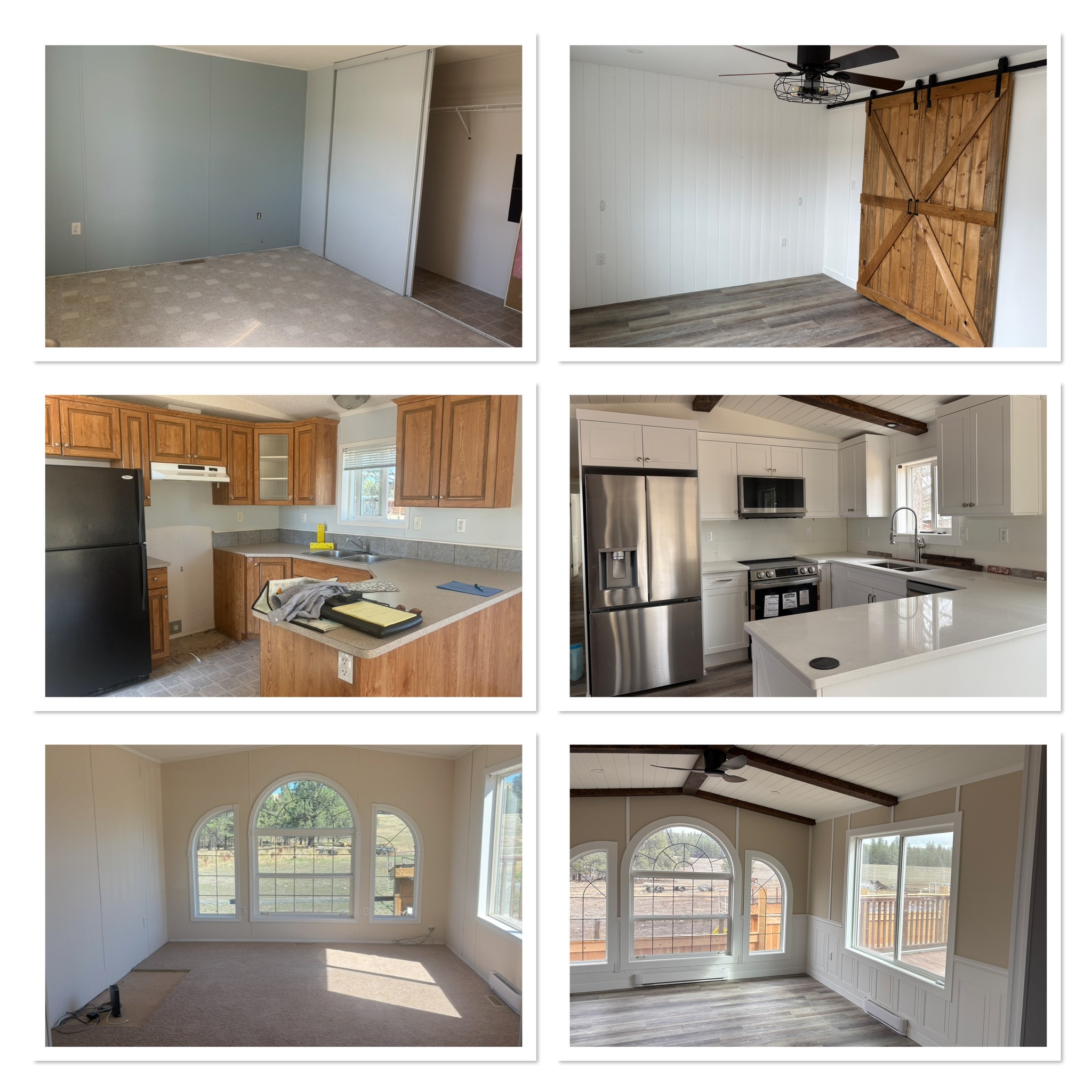 A before and after collage of a Cranbrook home renovation by Hand and Hammer, featuring a kitchen remodel with white shaker cabinets, a bedroom with a sliding barn door, and a living area with custom ceiling beams.